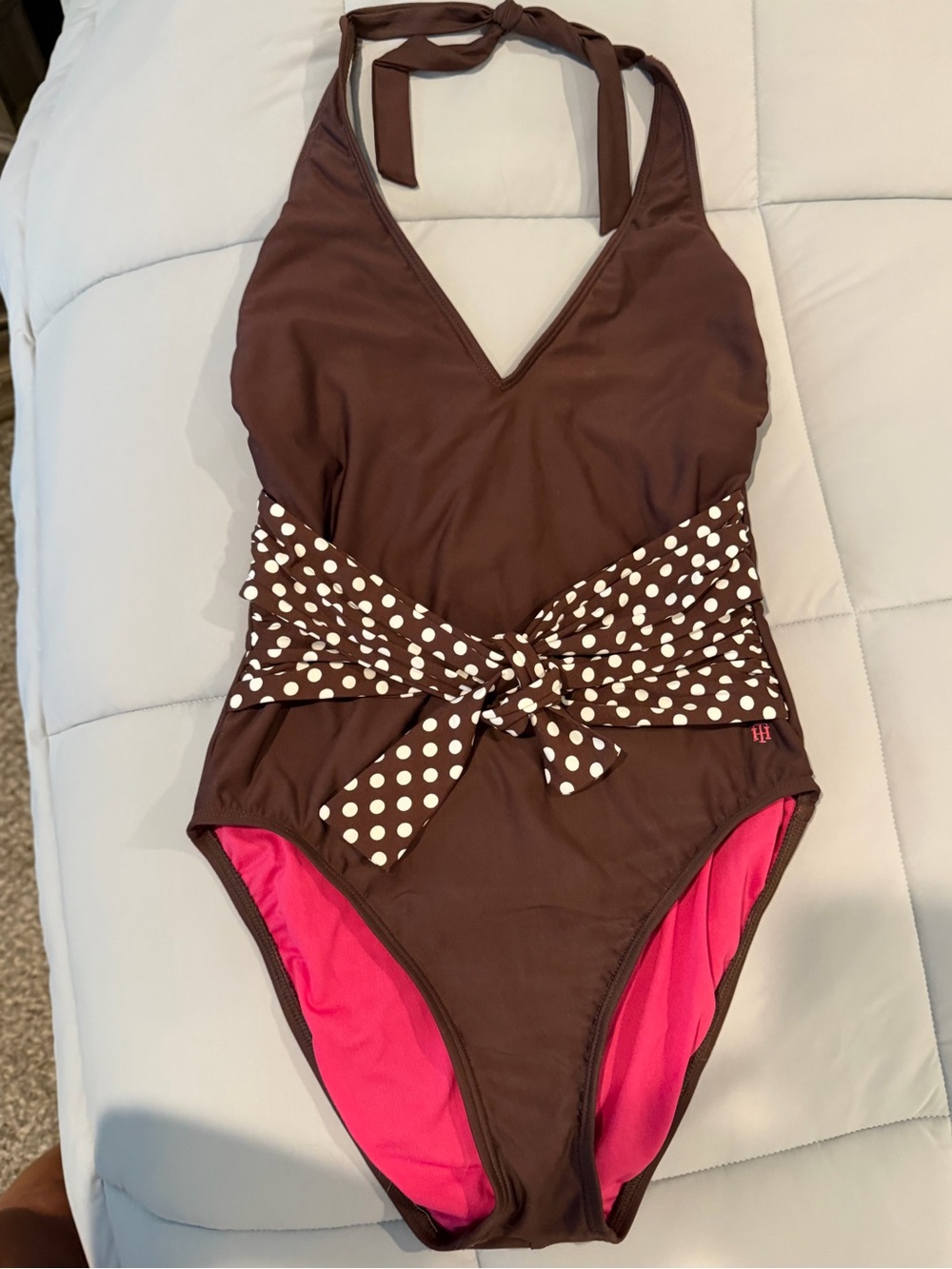 Tommy Hilfiger Brown Polka Dot Belt One-Piece Swimsuit with Pink Lining size 6